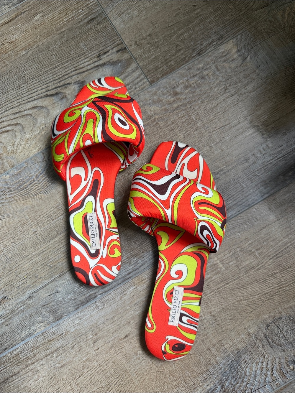 Emilio Pucci orange green brown Multicolor Swirl Slide Sandals